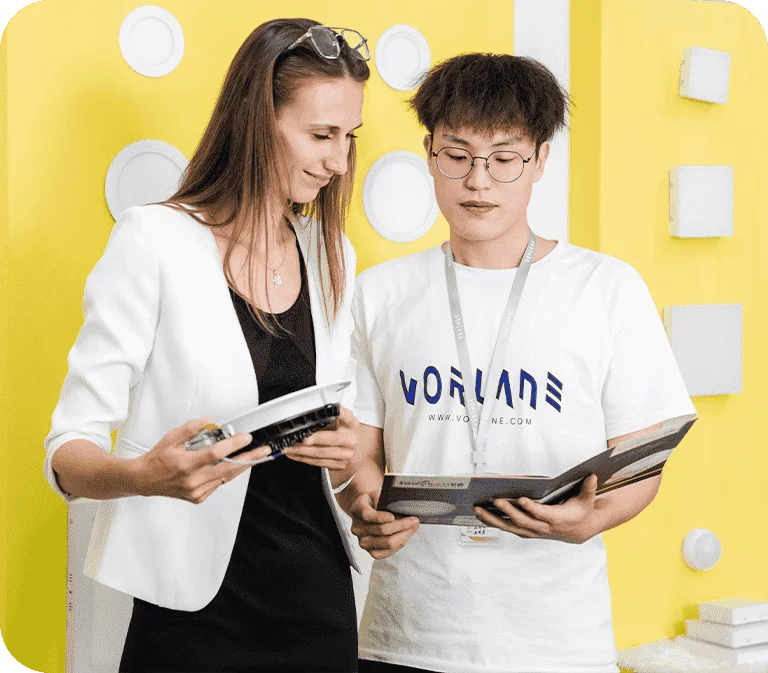 vrlane's sales is discussing panel light details with customer - Leading LED lighting Manufacturer - Vorlane - Vorlane
