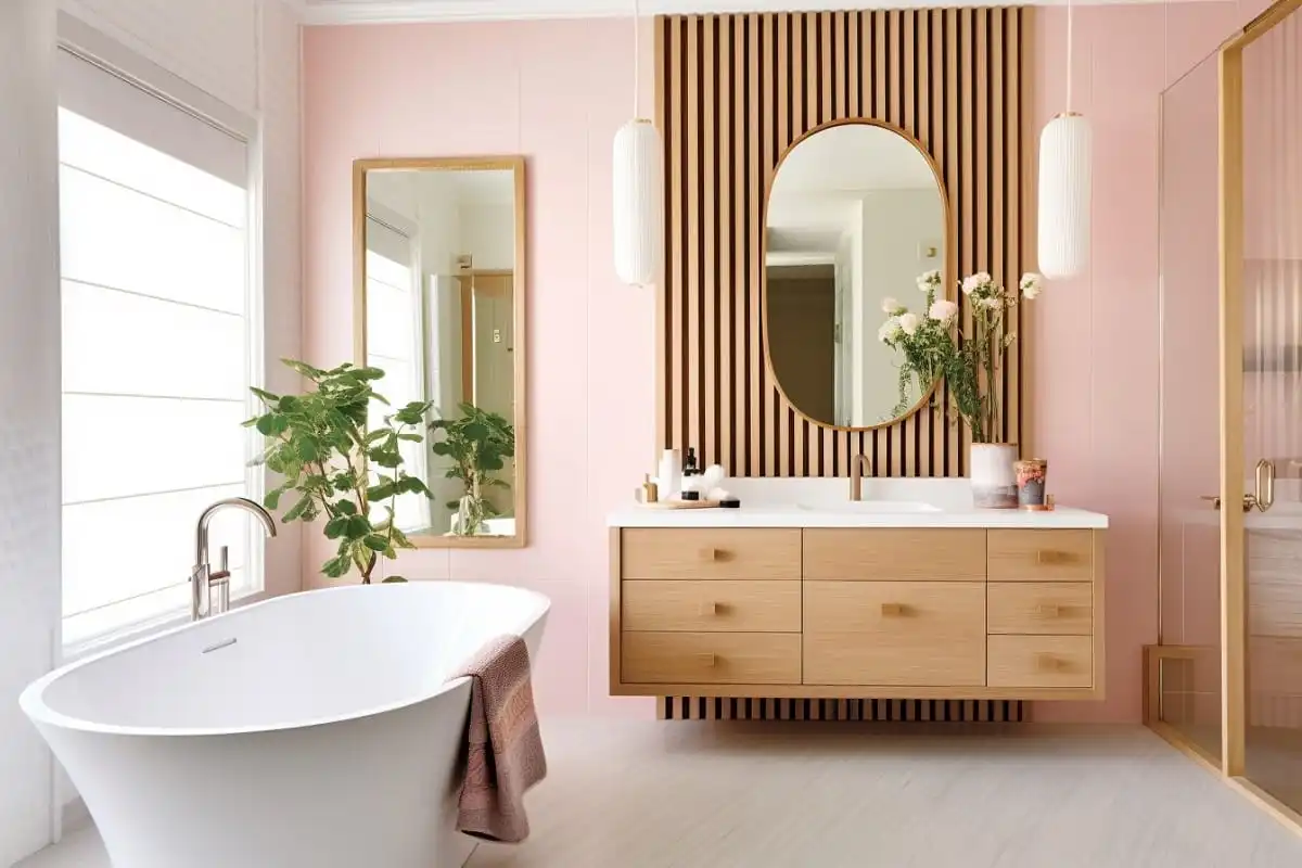 A bathroom with pink walls and wooden accents The image showcases bathroom lighting ideas to brighten the space - Bathroom Lighting Ideas – 16 Designs To Brighten Your Space - Vorlane