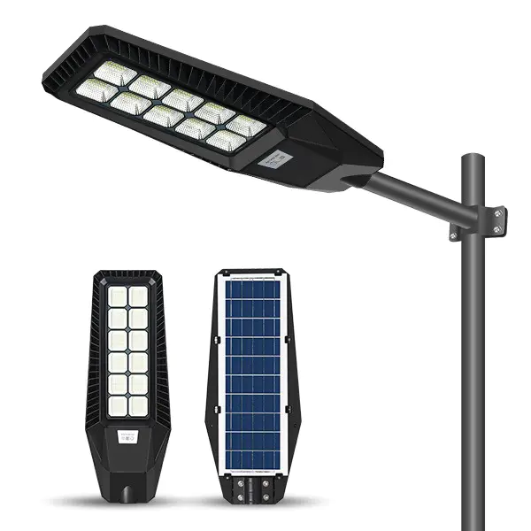 A commercial solar street light with an LED and solar panel providing energy efficient illumination