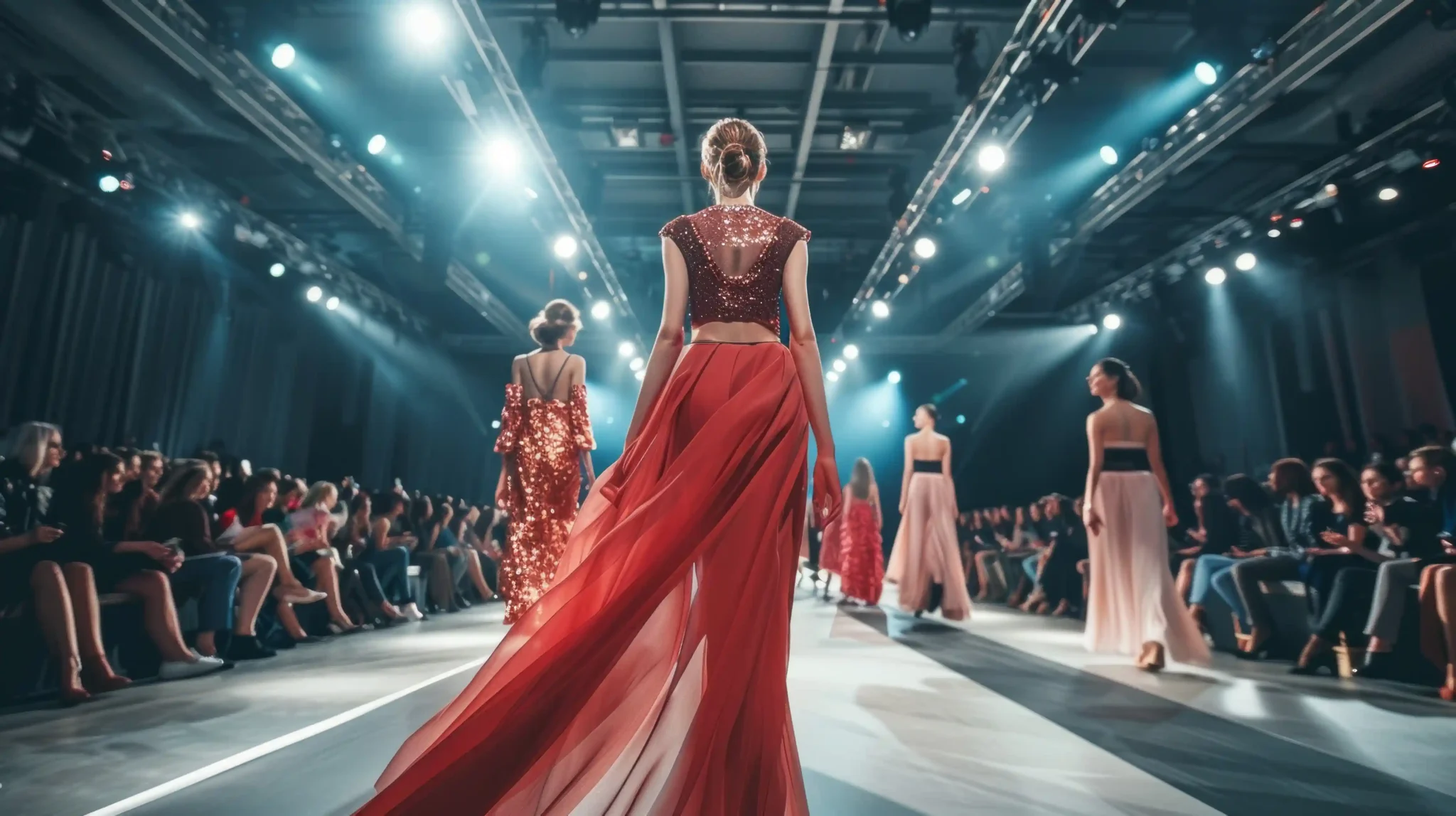 Fashion show runway with models in flowing dresses under bright stage lights and a large audience
