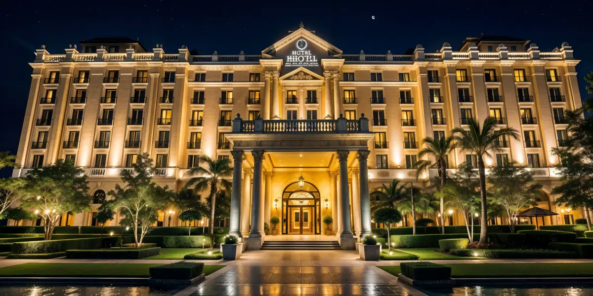 Hotel exterior illuminated with architectural lighting featuring floodlights wall washers and pathway lights for a luxurious ambiance1 - Top Hotel Lighting Ideas From Lobby to Guest Room [February 2025] - Vorlane