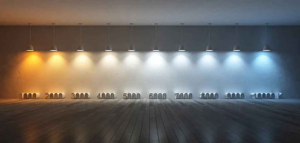 Image of a room with lighting ranging from warm white to cool white demonstrating the color temperature scale in Kelvin from 2000K to 8000K under pendant lights - Cool White Light and Warm White Light: What’s The Difference - Vorlane