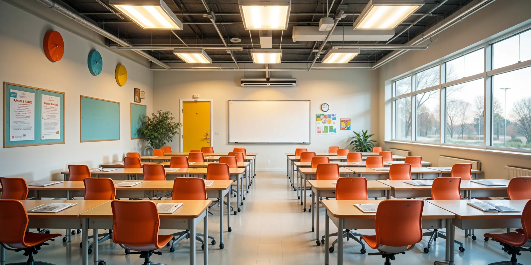 Modern classroom with LED panel lights task lighting and natural light for a bright focused learning environment - Top Classroom Lighting Ideas for Enhanced Learning in 2025 - Vorlane
