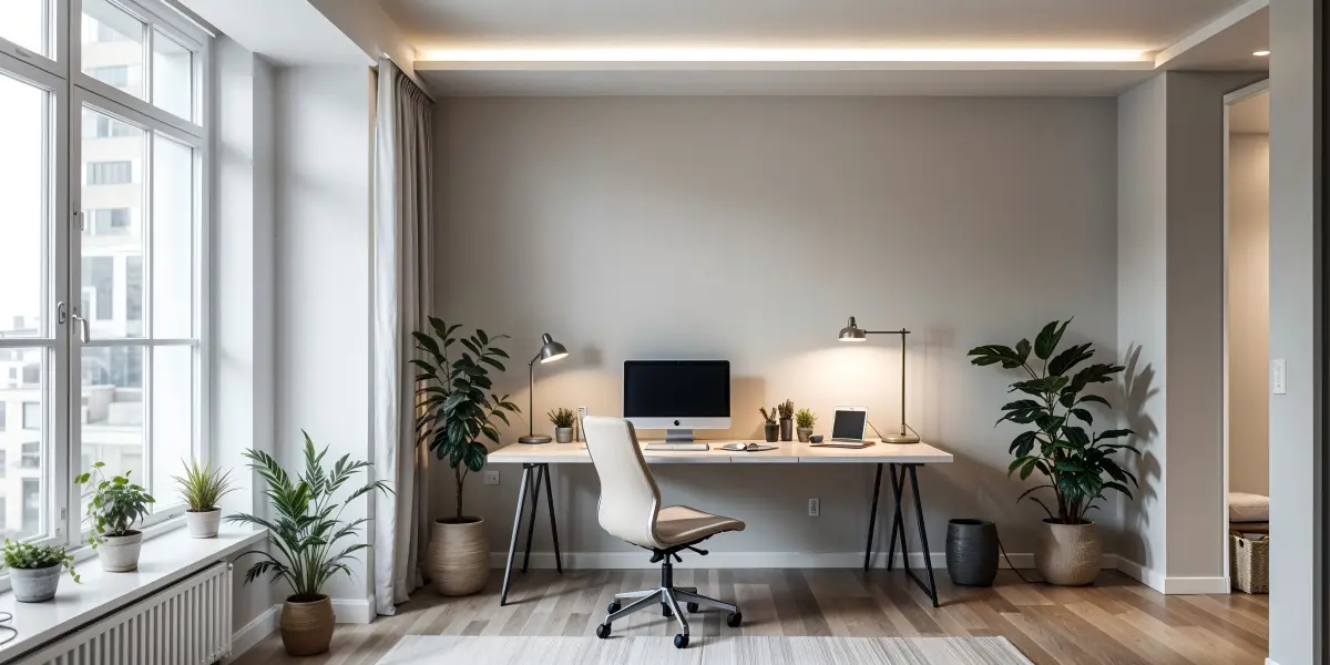 Modern home office with LED panel lights and downlights providing bright efficient lighting for a productive workspace1 - 27 Best Home Office Lighting Ideas [February 2025] - Vorlane