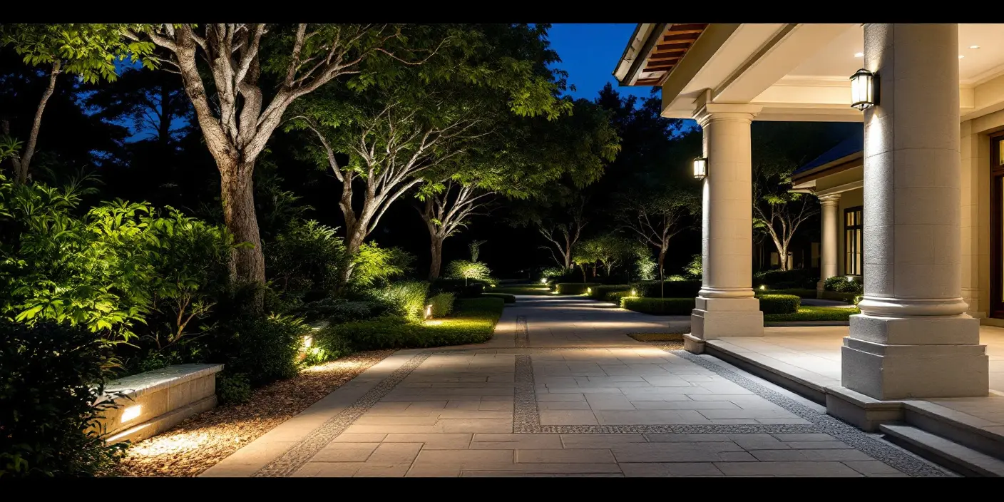 Outdoor scene with both downlighting and uplighting illuminating seating areas and landscape features for functional and aesthetic appeal - Downlighting vs Uplighting: Key Differences & Uses [2025] - Vorlane