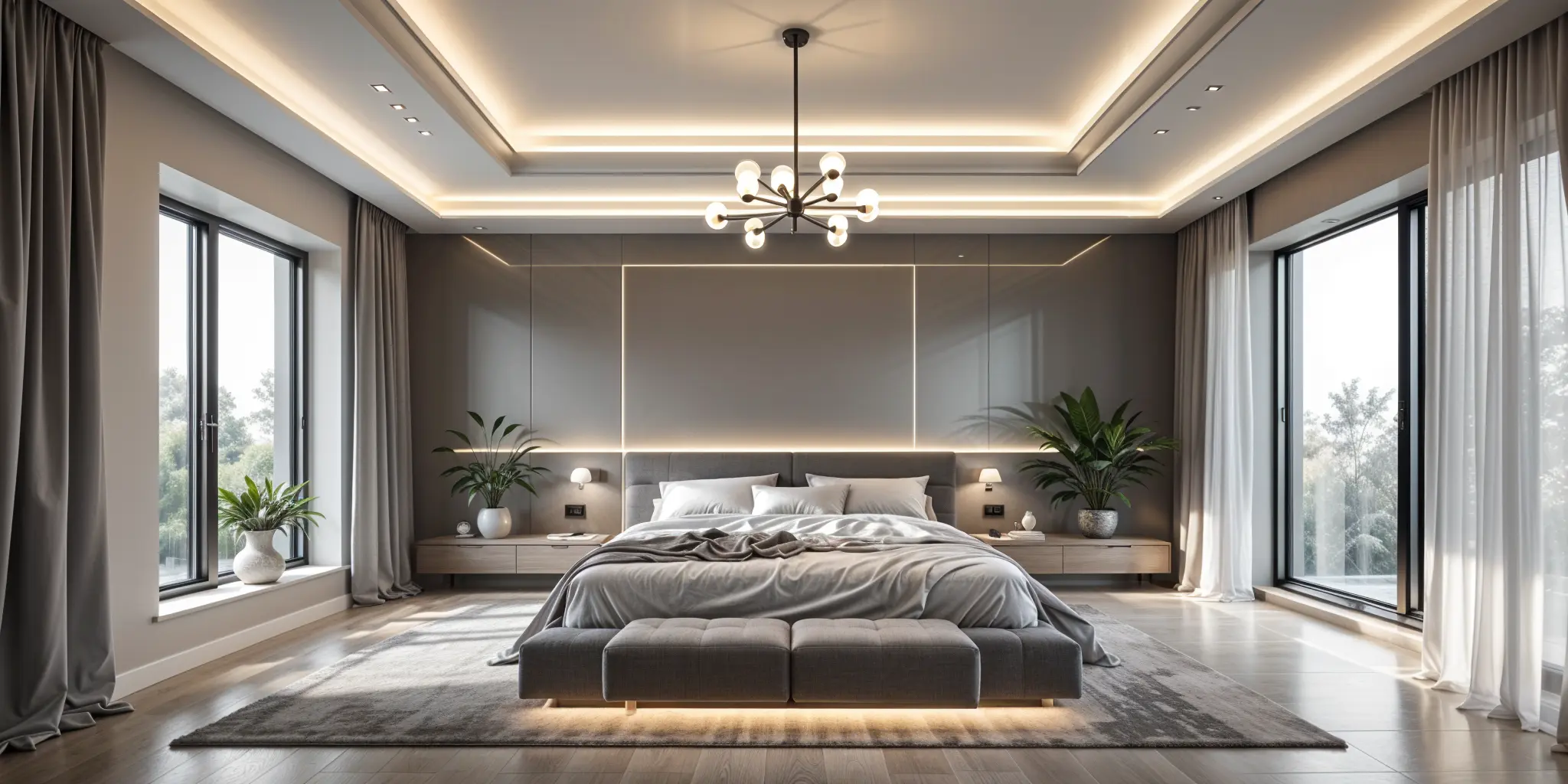 Spacious modern bedroom with layered lighting featuring chandelier bedside lamps wall sconces and ambient LED lighting for comfort and style - 25 Bedroom Lighting Ideas for Every Mood [February 2025] - Vorlane