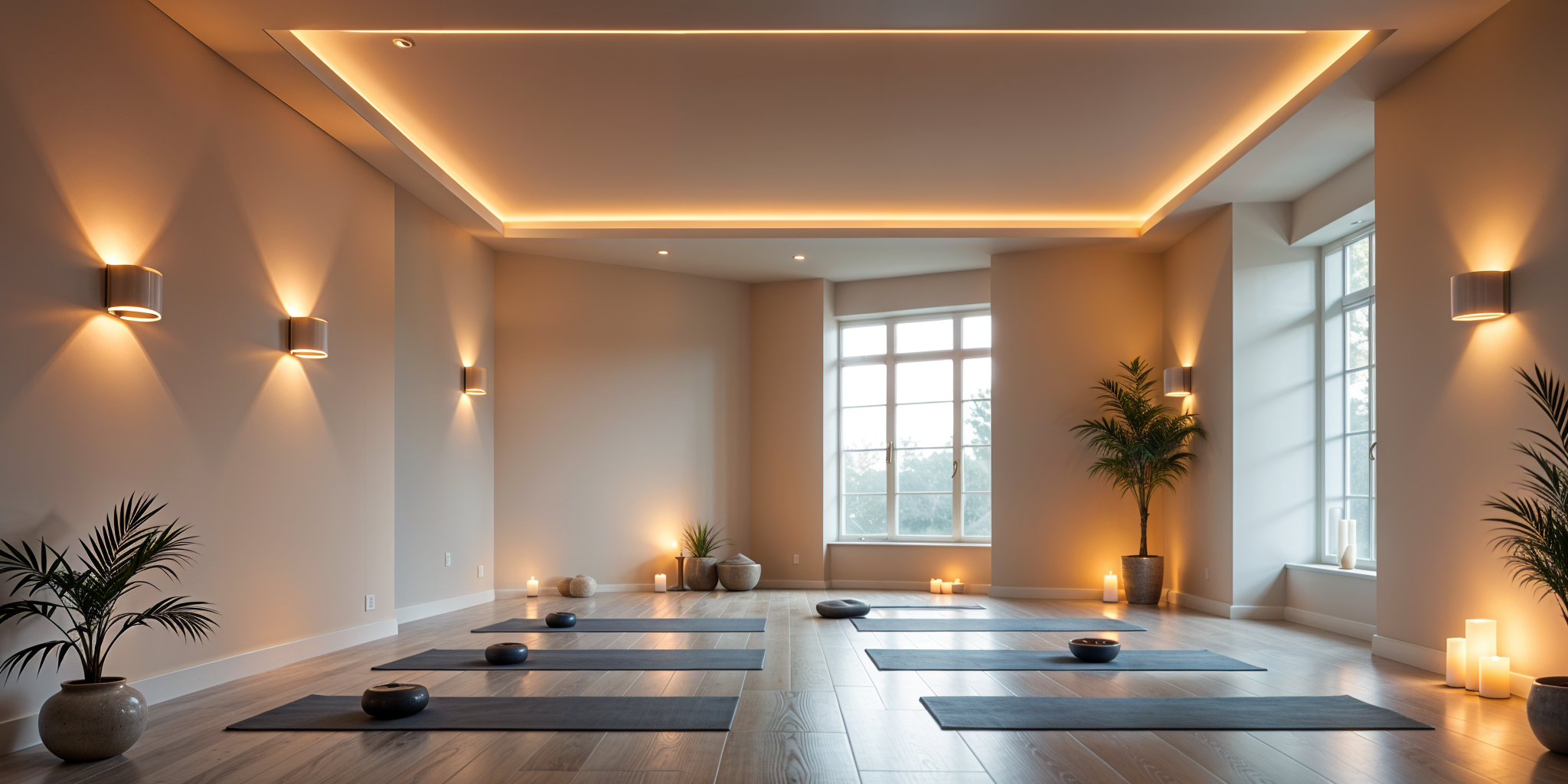 Yoga studio with ambient lighting featuring dimmable ceiling lights wall sconces and natural ligh - 50 Inspiring Yoga Studio Lighting Ideas [February 2025] - Vorlane